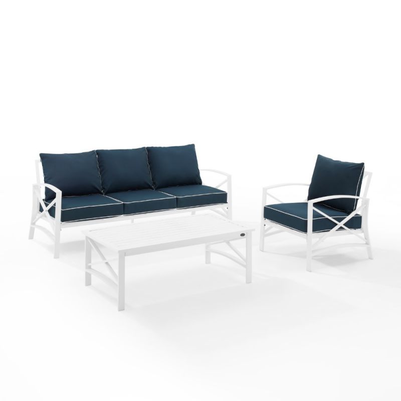 Crosley Furniture - Kaplan 3 Piece Outdoor Sofa Set Navy/White - Sofa, Arm Chair & Coffee Table - KO60031WH-NV_CLOSEOUT