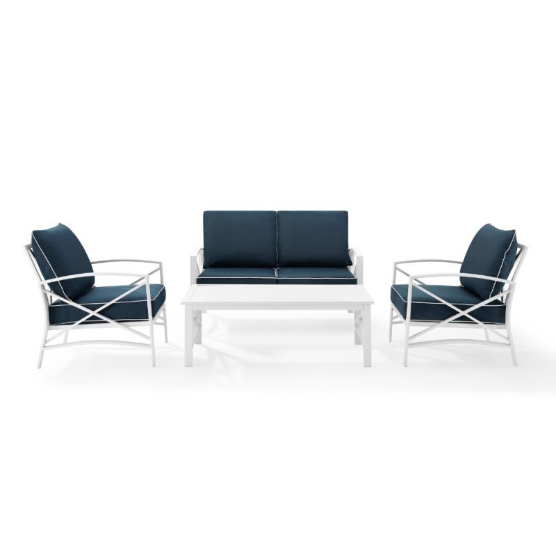 Crosley Furniture - Kaplan 4 Piece Outdoor Conversation Set Navy/White - Loveseat, Two Chairs, Coffee Table - KO60009WH-NV