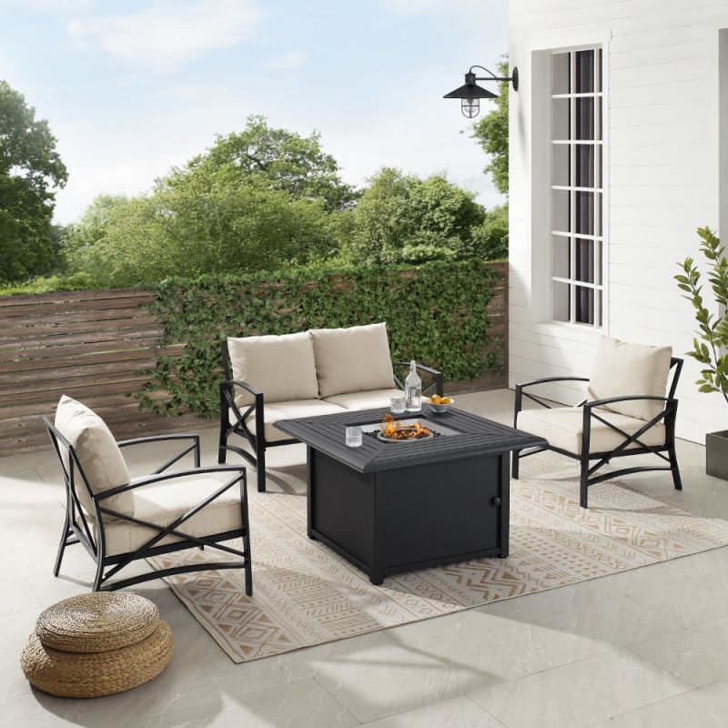 Crosley Furniture - Kaplan 4Pc Outdoor Metal Conversation Set W-Fire Table Oatmeal-Oil Rubbed Bronze - Loveseat, Dante Fire Table, and 2 Arm Chairs - KO60037BZ-OL