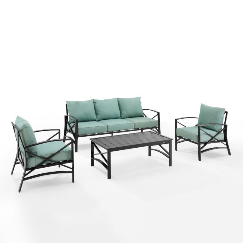 Crosley Furniture - Kaplan 4 Piece Outdoor Sofa Set Mist/Oil Rubbed Bronze - Sofa, Coffee Table, & 2 Arm Chairs - KO60028BZ-MI
