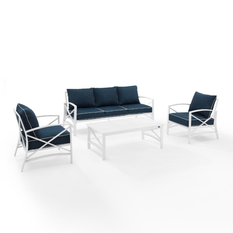 Crosley Furniture - Kaplan 4 Piece Outdoor Sofa Set Navy/White - Sofa, Coffee Table, & 2 Arm Chairs - KO60028WH-NV_CLOSEOUT