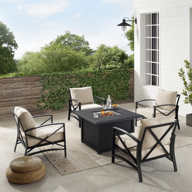 Crosley Furniture - Kaplan 5Pc Outdoor Metal Conversation Set W-Fire Table Oatmeal-Oil Rubbed Bronze - Dante Fire Table and 4 Arm Chairs - KO60035BZ-OL