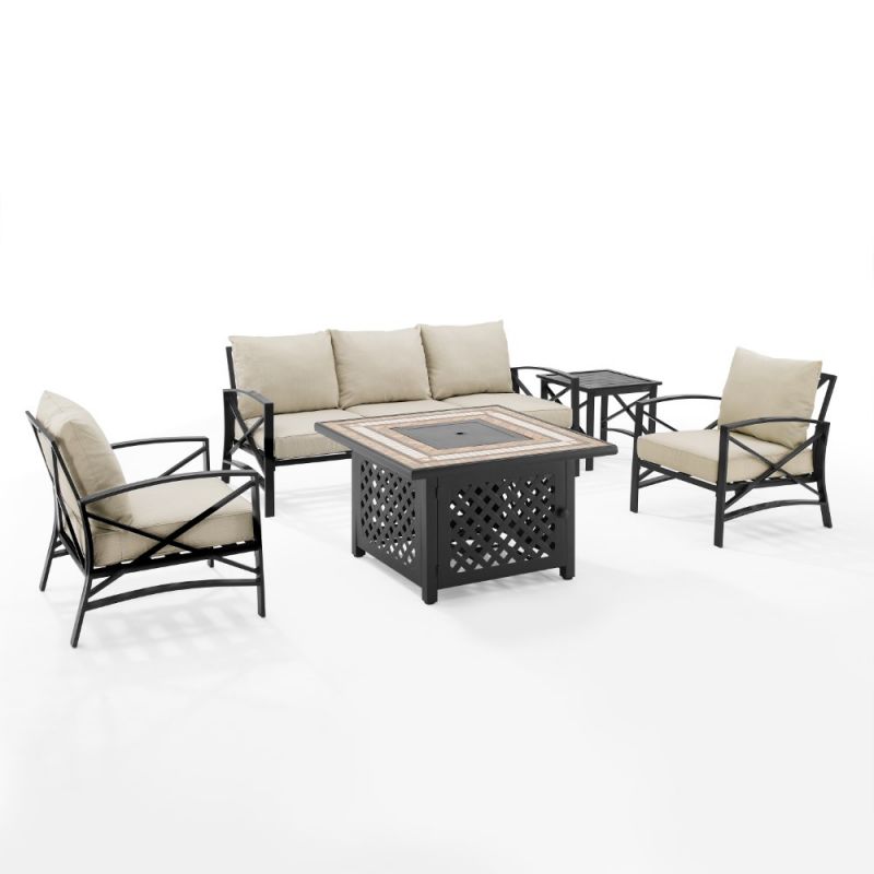 Crosley Furniture - Kaplan 5 Piece Outdoor Sofa Set With Fire Table Oatmeal/Oil Rubbed Bronze - Sofa, Side Table, Fire Table, & 2 Chairs - KO60034BZ-OL