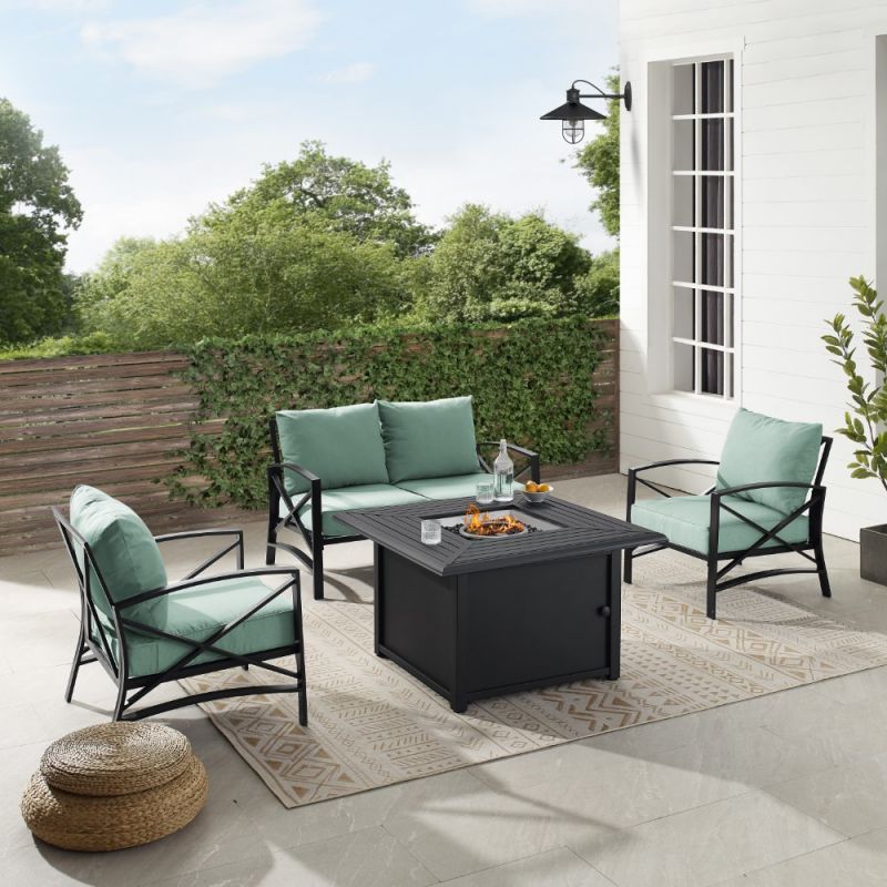 Crosley Furniture - Kaplan 4Pc Outdoor Metal Conversation Set W-Fire Table Mist-Oil Rubbed Bronze - Loveseat, Dante Fire Table, and 2 Arm Chairs - KO60037BZ-MI