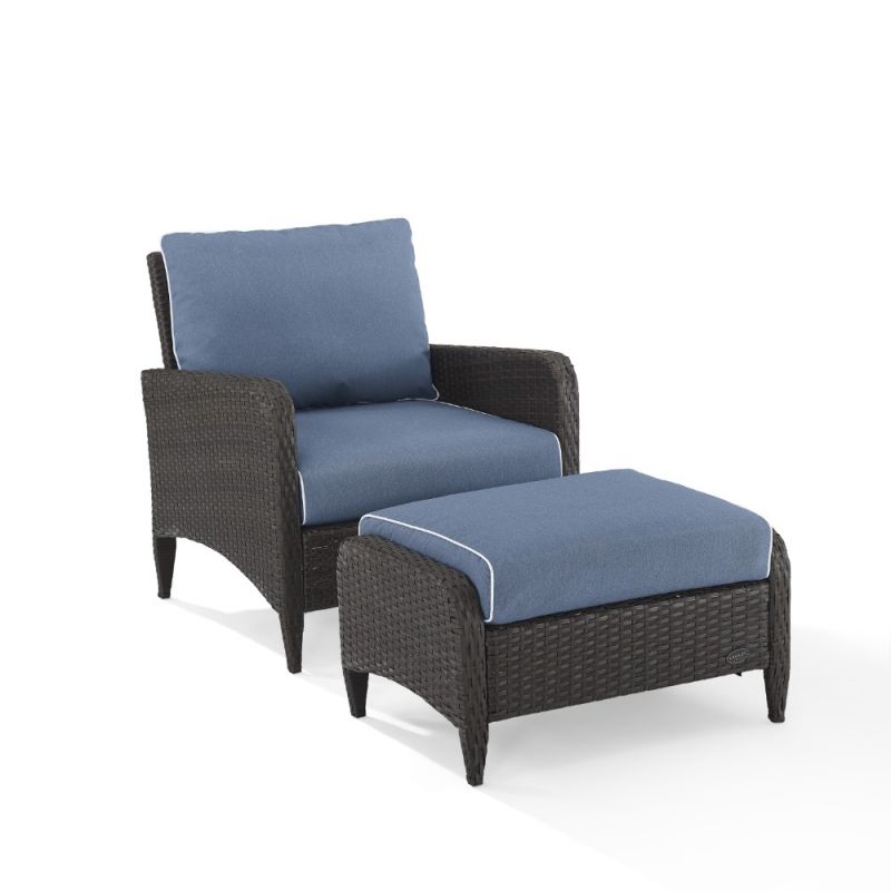 Crosley Furniture - Kiawah 2 Piece Outdoor Wicker Chair Set Blue/Brown - Arm Chair & Ottoman - KO70032BR-BL