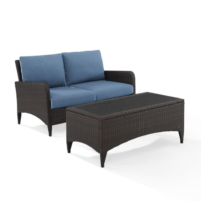 Crosley Furniture - Kiawah 2 Piece Outdoor Wicker Chat Set Blue/Brown - Loveseat & Coffee Table - KO70029BR-BL_CLOSEOUT