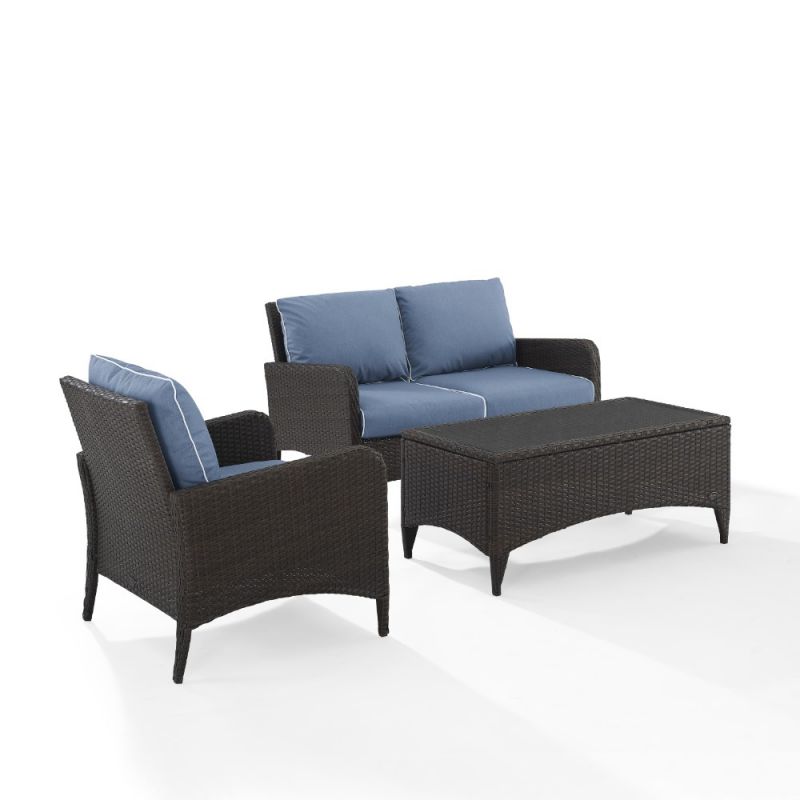 Crosley Furniture - Kiawah 3 Piece Outdoor Wicker Conversation Set Blue/Brown - Loveseat, Arm Chair & Coffee Table - KO70031BR-BL