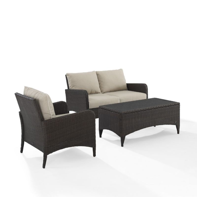 Crosley Furniture - Kiawah 3 Piece Outdoor Wicker Conversation Set Sand/Brown - Loveseat, Arm Chair & Coffee Table - KO70031BR-SA