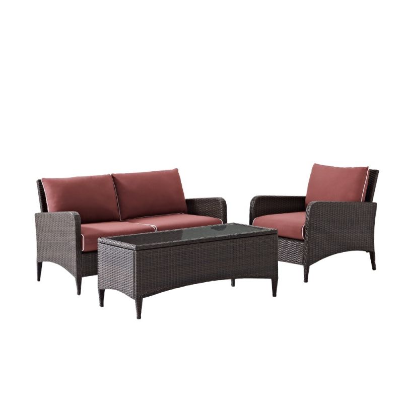 Crosley Furniture - Kiawah 3 Piece Outdoor Wicker Conversation Set Sangria/Brown - Loveseat, Arm Chair & Coffee Table - KO70031BR-SG