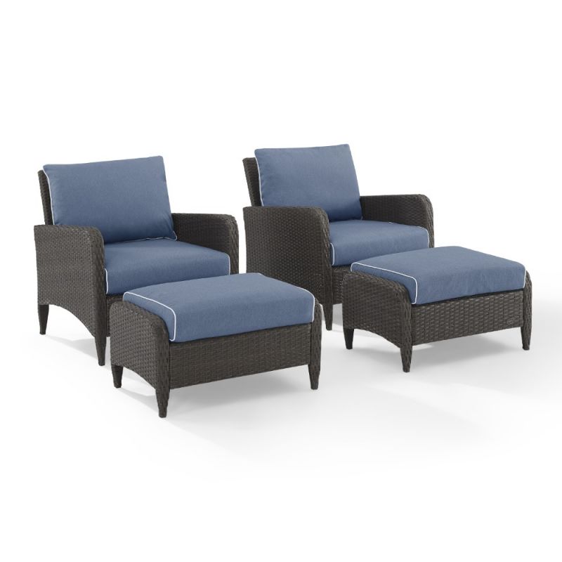 Crosley Furniture - Kiawah 4 Piece Outdoor Wicker Chat Set Blue/Brown - 2 Arm Chairs & 2 Ottomans - KO70033BR-BL