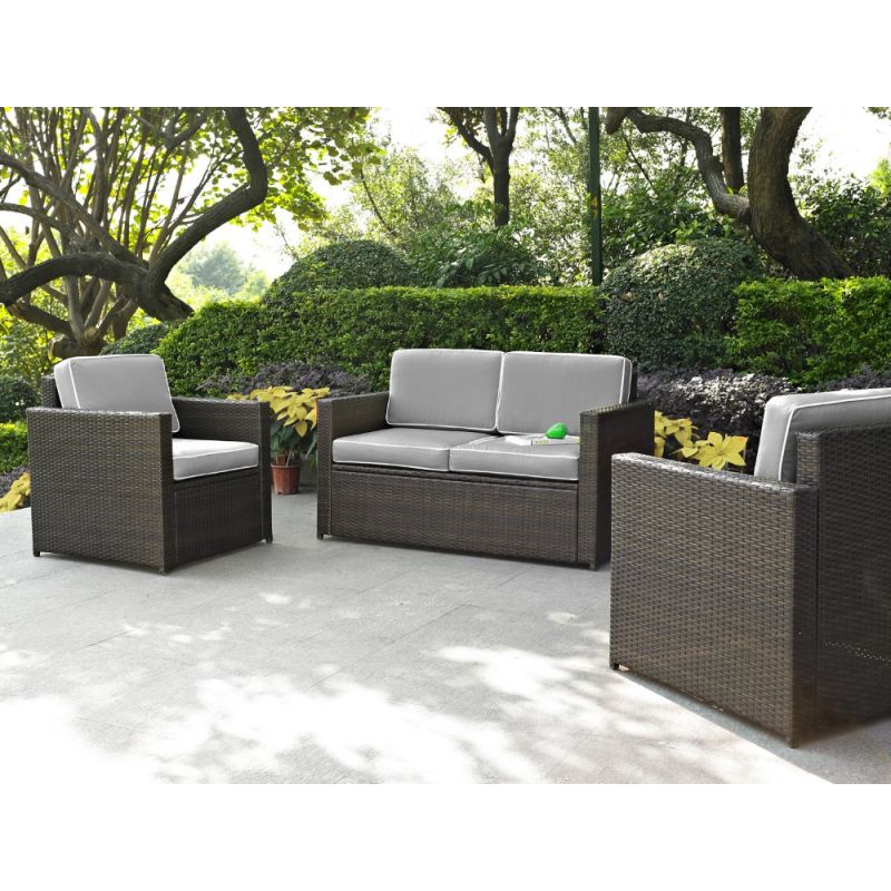 Crosley Furniture - Palm Harbor 3 Piece Outdoor Wicker Seating Set With Gray Cushions - Loveseat & Two Outdoor Chairs - KO70003BR-GY_CLOSEOUT