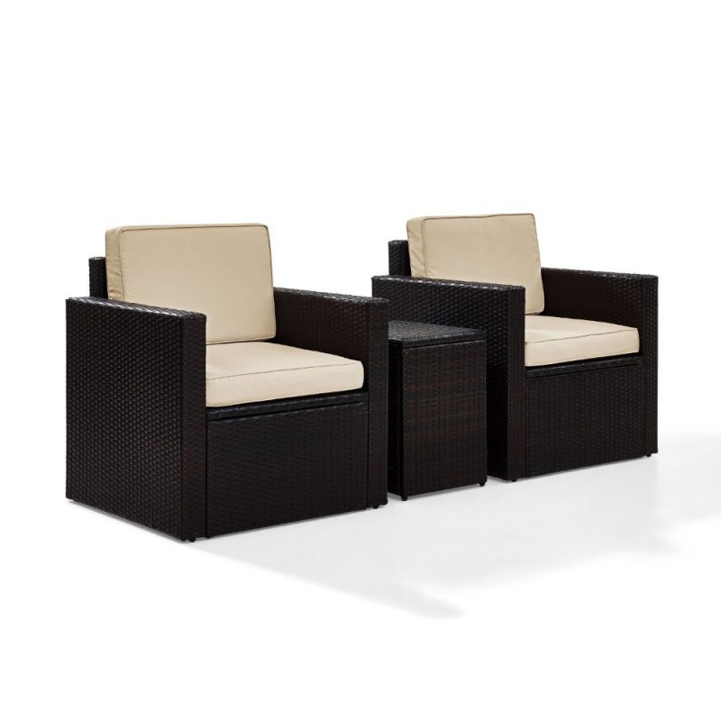 Crosley Furniture - Palm Harbor 3-Piece Outdoor Wicker Conversation Set With Sand Cushions -- Two Swivel Chairs & Side Table - KO70058BR-SA