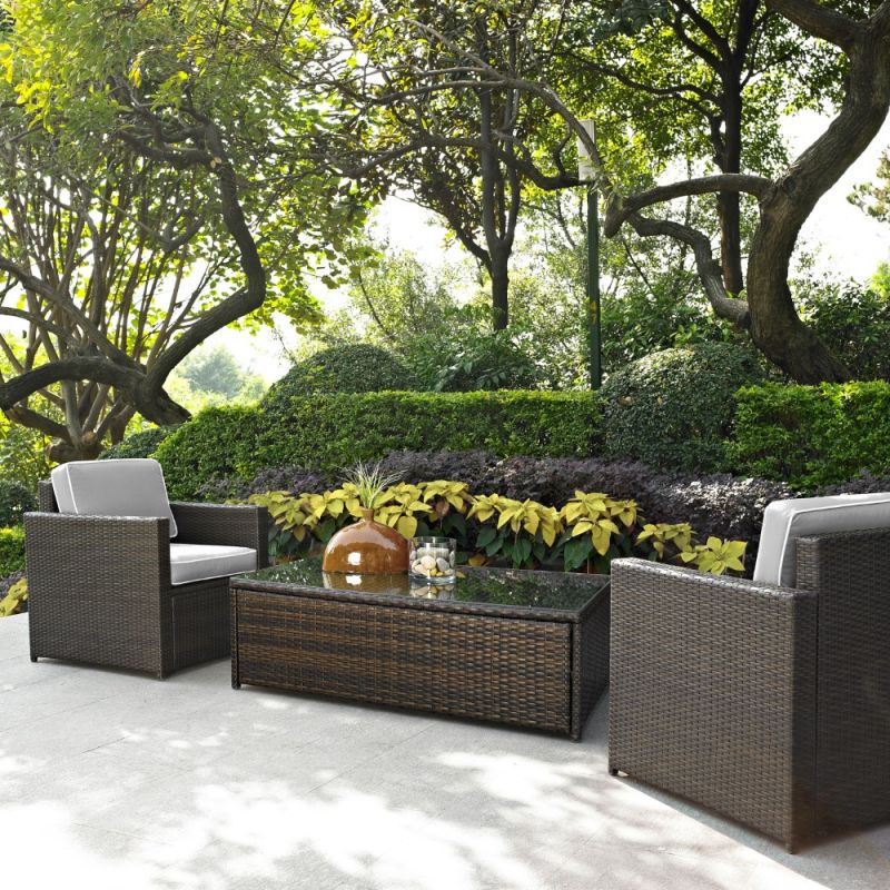 Crosley Furniture - Palm Harbor 3 Piece Outdoor Wicker Seating Set With Gray Cushions - Two Outdoor Wicker Chairs & Glass Top Table - KO70004BR-GY_CLOSEOUT