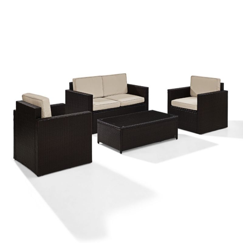 Crosley Furniture - Palm Harbor 4 Piece Outdoor Wicker Seating Set With Sand Cushions - Loveseat, Two Chairs & Glass Top Table - KO70001BR-SA_CLOSEOUT