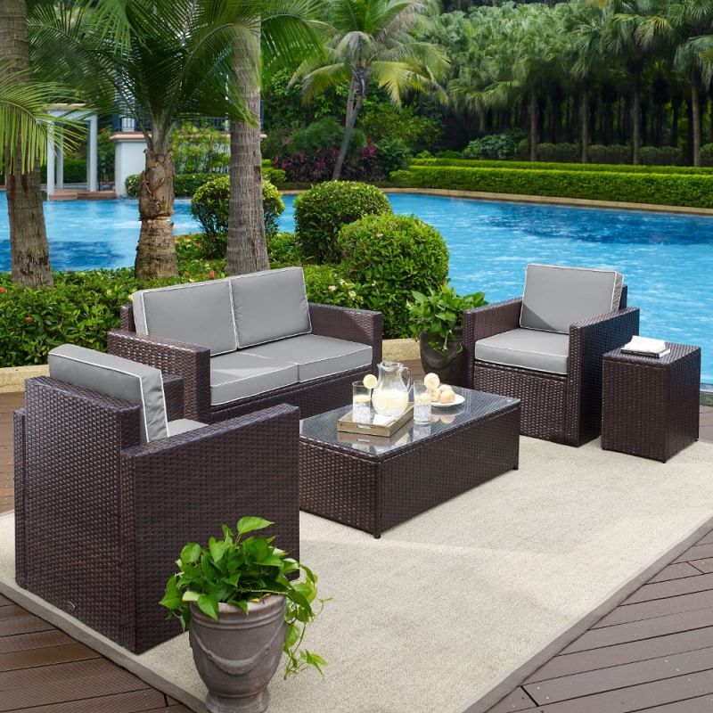 Crosley Furniture - Palm Harbor 5-Piece Outdoor Wicker Conversation Set With Gray Cushions - Loveseat, Two Arm Chairs, Side Table & Glass Top Table - KO70053BR-GY_CLOSEOUT