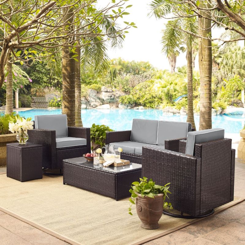 Crosley Furniture - Palm Harbor 5-Piece Outdoor Wicker Conversation Set With Gray Cushions - Loveseat, Two Swivel Chairs, Side Table & Glass Top Table - KO70056BR-GY_CLOSEOUT