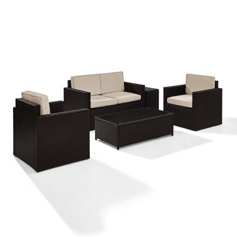 Crosley Furniture - Palm Harbor 5-Piece Outdoor Wicker Conversation Set With Sand Cushions - Loveseat, Two Arm Chairs, Side Table & Glass Top Table - KO70053BR-SA_CLOSEOUT