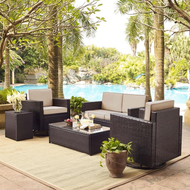 Crosley Furniture - Palm Harbor 5-Piece Outdoor Wicker Conversation Set With Sand Cushions - Loveseat, Two Swivel Chairs, Side Table & Glass Top Table - KO70056BR-SA