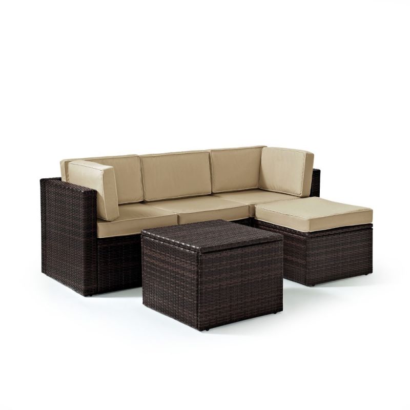 Crosley Furniture - Palm Harbor 5 Piece Outdoor Wicker Seating Set With Sand Cushions - Two Corner Chairs, Center Chair, Ottoman & Coffee Sectional Table - KO70011BR-SA