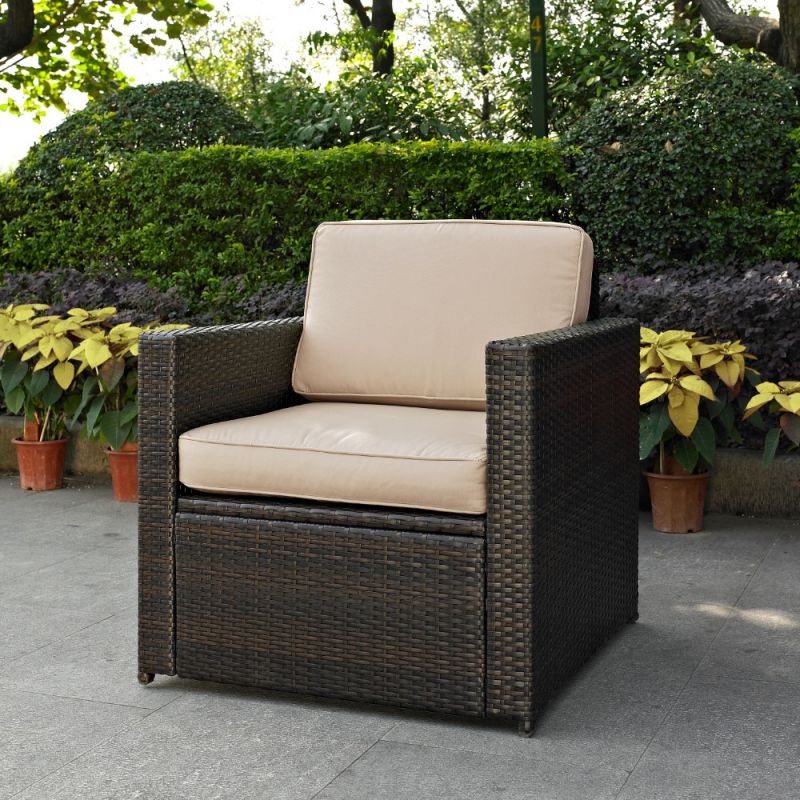 Crosley Furniture - Palm Harbor Outdoor Wicker Arm Chair in Brown With Sand Cushions - KO70088BR-SA