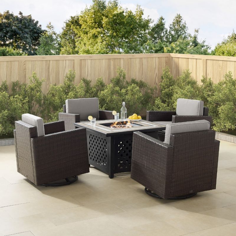 Crosley Furniture - Palm Harbor 5Pc Outdoor Wicker Conversation Set W-Fire Table Gray-Brown - Tucson Fire Table and 4 Swivel Rocking Chairs - KO70600BR-GY