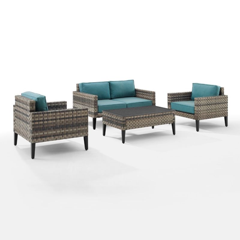 Crosley Furniture - Prescott 4Pc Outdoor Wicker Conversation Set Mineral Blue/Brown - Loveseat, Coffee Table, & 2 Armchairs - KO70257BR-BL