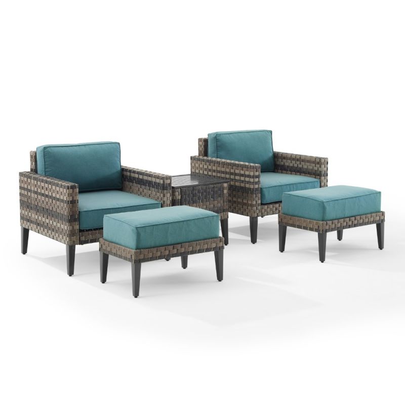 Crosley Furniture - Prescott 5Pc Outdoor Wicker Armchair Set Mineral Blue/Brown - Side Table, 2 Armchairs, & 2 Ottomans - KO70259BR-BL