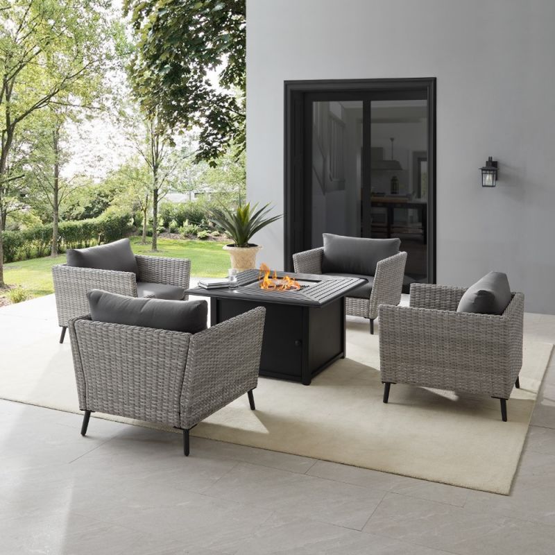 Crosley Furniture - Richland 5Pc Outdoor Wicker Conversation Set W-Fire Table Gray-Black - Dante Fire Table and 4 Armchairs - KO70201GY-BK
