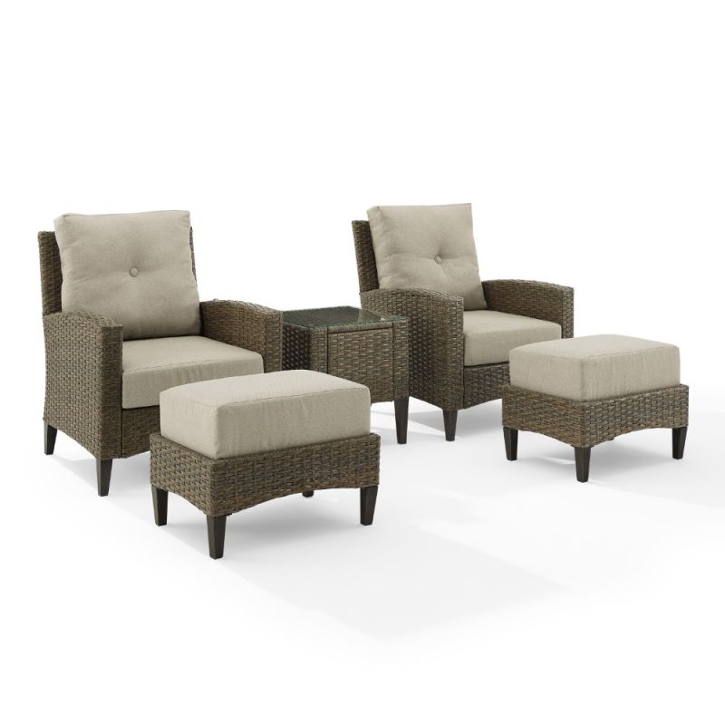 Crosley Furniture - Rockport 5Pc Outdoor Wicker High Back Chair Set Oatmeal/Light Brown - Side Table, 2 Armchairs, & 2 Ottomans - KO70219LB-OL