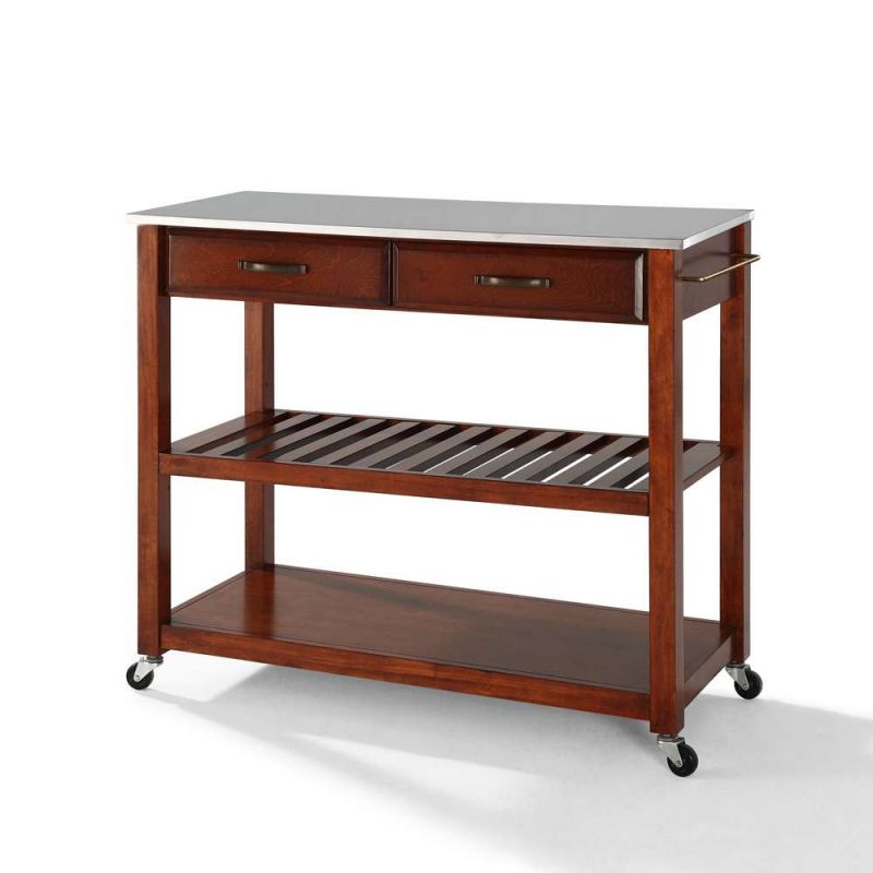 Crosley Furniture - Stainless Steel Top Kitchen Cart/Island With Optional Stool Storage in Classic Cherry Finish - KF30052CH