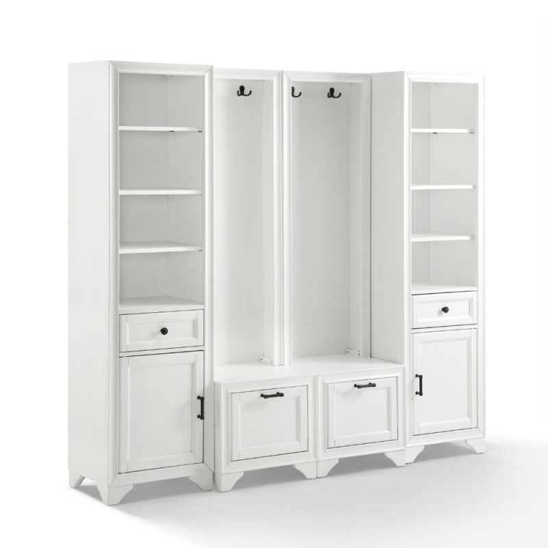 Crosley Furniture - Tara 4 Piece Entryway Set Distressed White - 2 Hall Trees & 2 Linen Cabinets - KF33010WH