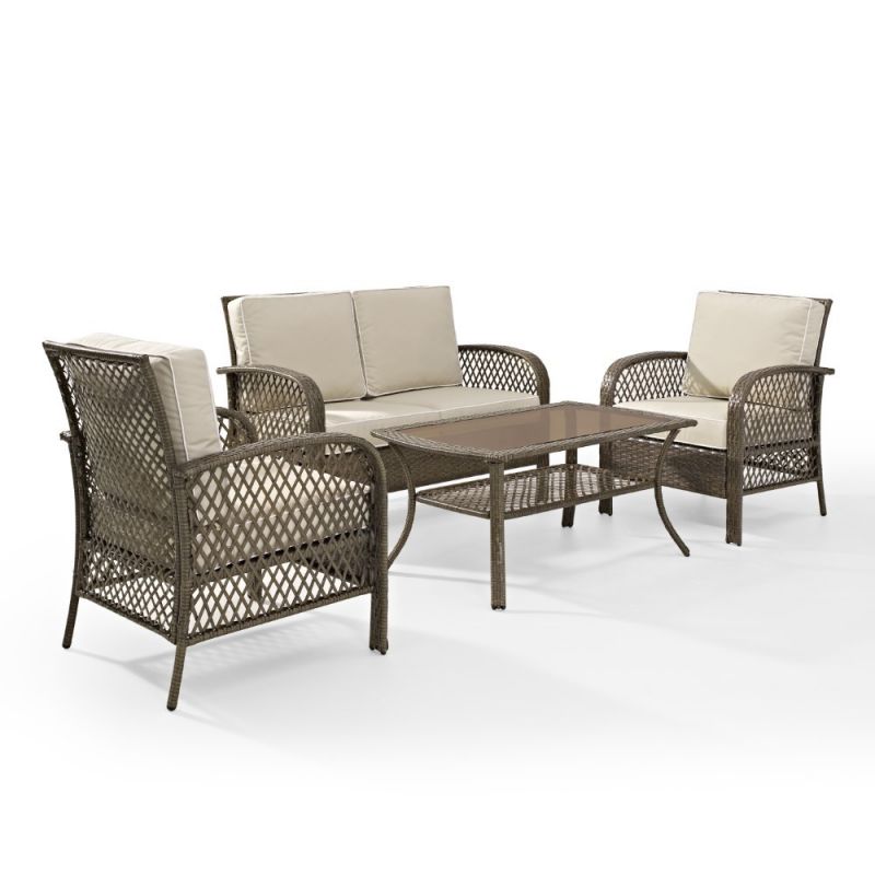 Crosley Furniture - Tribeca 4 Piece Outdoor Wicker Seating Set With Sand Cushions - Loveseat, 2 Arm Chairs, And Coffee Table - KO70037DW-SA