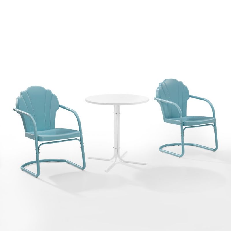 Crosley Furniture - Tulip 3 Piece Outdoor Bistro Set Pastel Blue Satin /White Satin - Bistro Table & 2 Chairs - KO10010BL