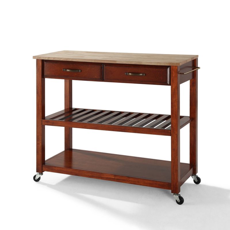 Crosley Furniture - Natural Wood Top Kitchen Cart/Island With Optional Stool Storage in Classic Cherry Finish - KF30051CH