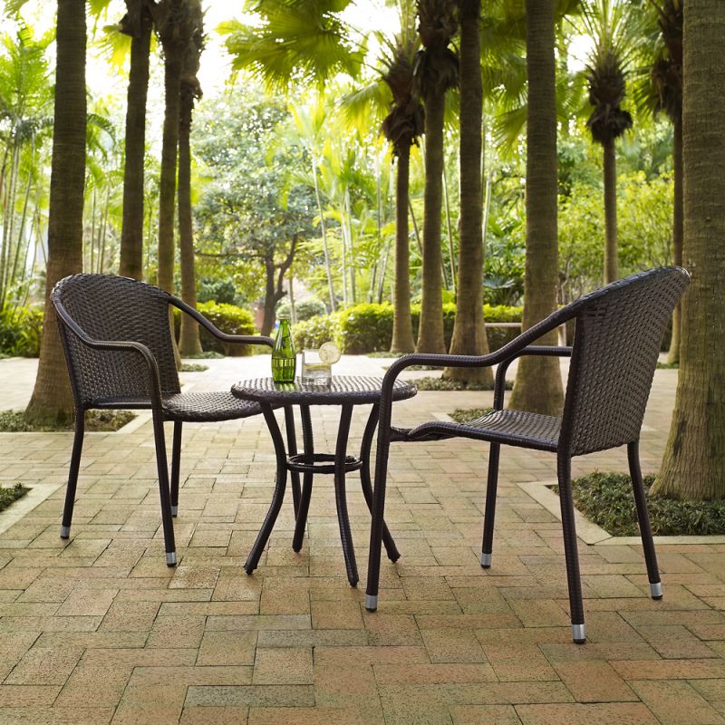 Crosley Furniture - Palm Harbor 3 Piece Outdoor Wicker Caf? Seating Set in Brown - 2 Stacking Chairs and Round Side Table - KO70060BR