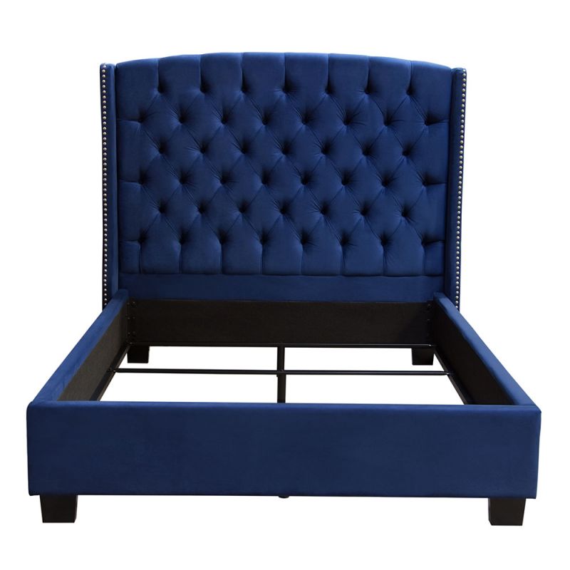 Diamond Sofa - Majestic Eastern King Tufted Bed in Royal Navy Velvet with Nail Head Wing Accents - MAJESTICEKBEDNB