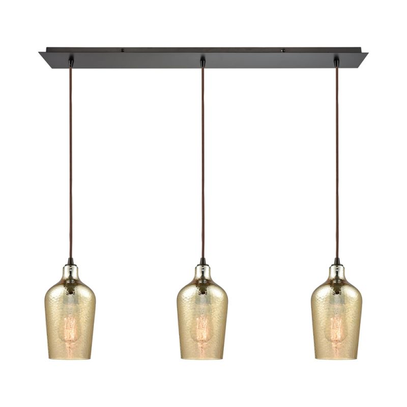 ELK Lighting - Hammered Glass 3 Light Linear Pan Fixture In Oil Rubbed Bronze With Hammered Amber Plated Glass - 10840/3LP