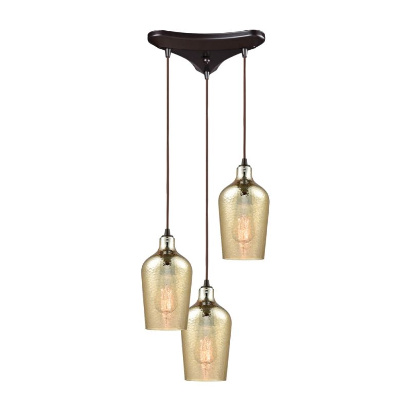 ELK Lighting - Hammered Glass 3 Light Triangle Pan Fixture In Oil Rubbed Bronze With Hammered Amber Plated Glass - 10840/3