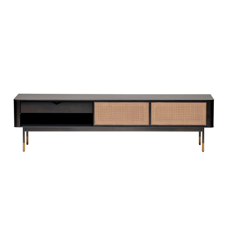 Euro Style - Miriam 71in Media Stand in Black with Natural Wicker - 94218BLK