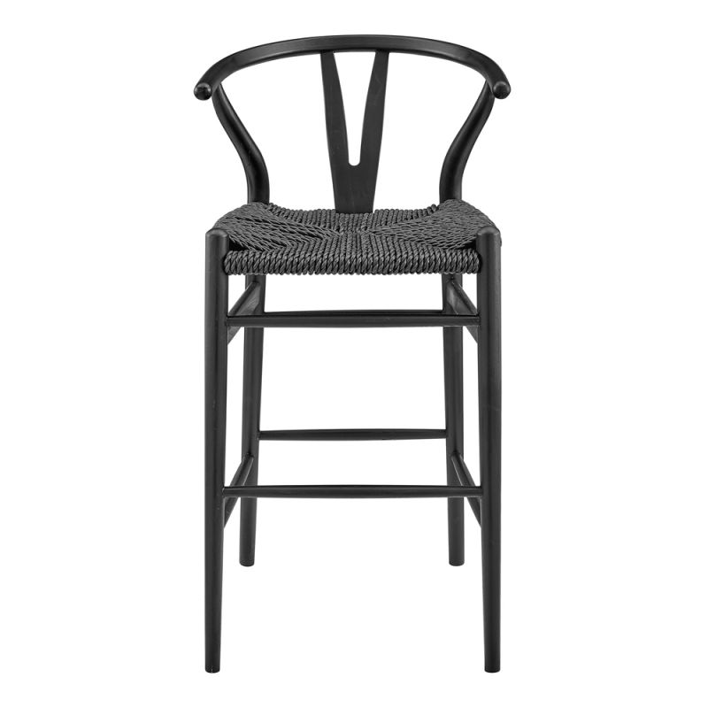 Euro Style - Evelina Outdoor Bar Stool in Heat Treated Ash Frame in Matte Black Color and Black Rattan Seat - 39204-BLK