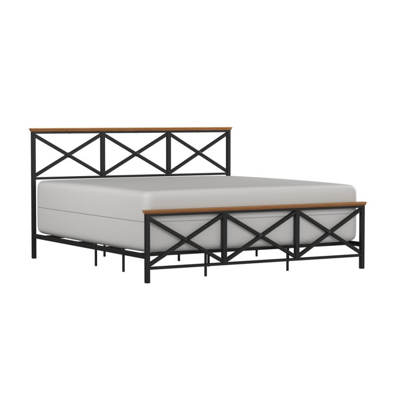 Hillsdale Furniture - Ashford Metal King Bed with Wood Accent, Textured Black with Oak Finished Wood - 2711-660