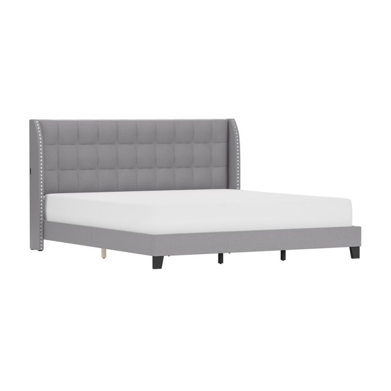 Hillsdale Furniture - Buchanan Upholstered Tufted King Platform Bed with 2 Dual USB Ports, Smoke Gray Fabric - 2743-660