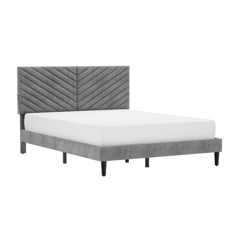 Hillsdale Furniture - Crestwood Upholstered Chevron Pleated Platform Queen Bed with 2 Dual USB Ports, Platinum - 2748-500