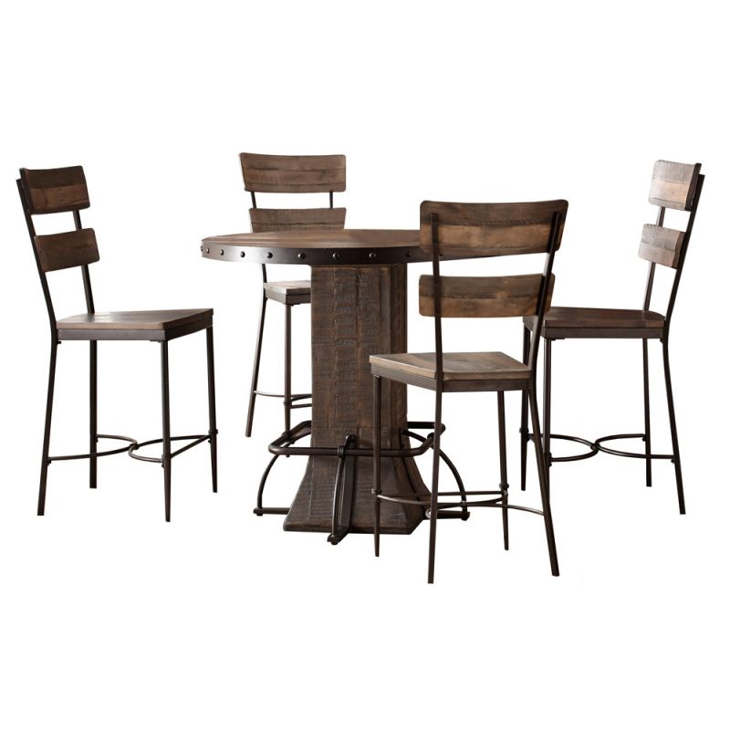 Hillsdale Furniture - Jennings 5 Piece Round Counter Height Dining Set with Wood Pedestal Base and Ladder Back Counter Stools, Distressed Walnut - 4022CDT5PC