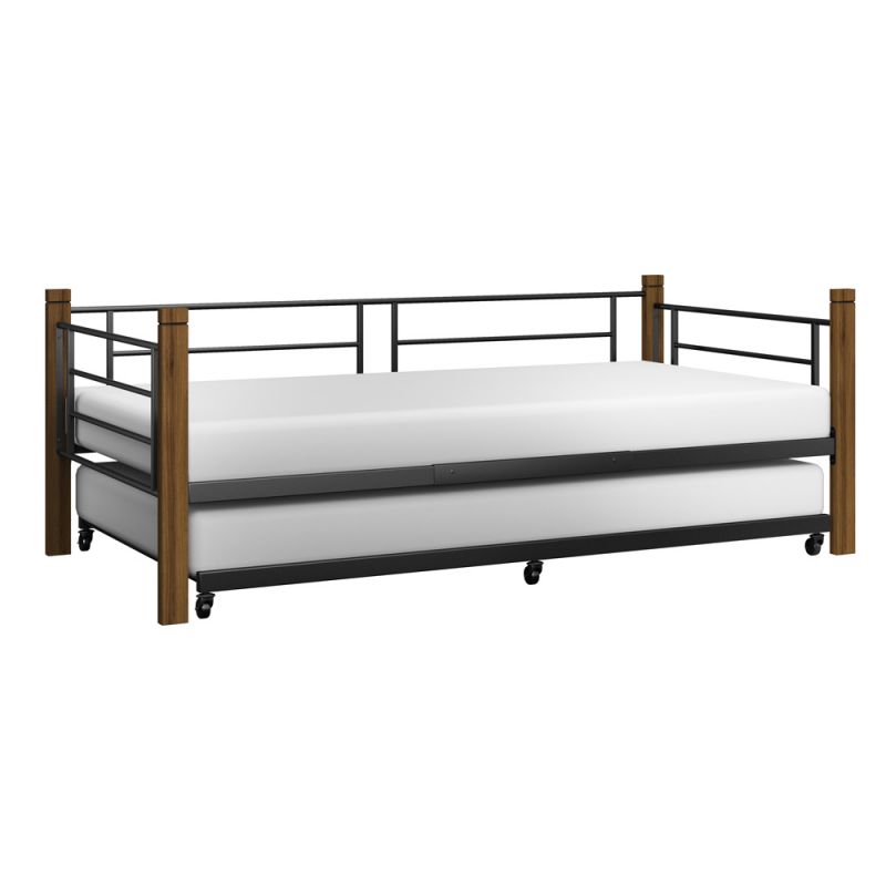 Hillsdale Furniture - Raymond Metal Twin Daybed with Wood Posts, Textured Black with Brushed Dark Brown - 2591-100