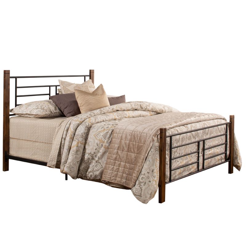 Hillsdale Furniture - Raymond Queen Metal Bed with Weathered Dark Brown Wood Posts, Textured Black - 2591-500