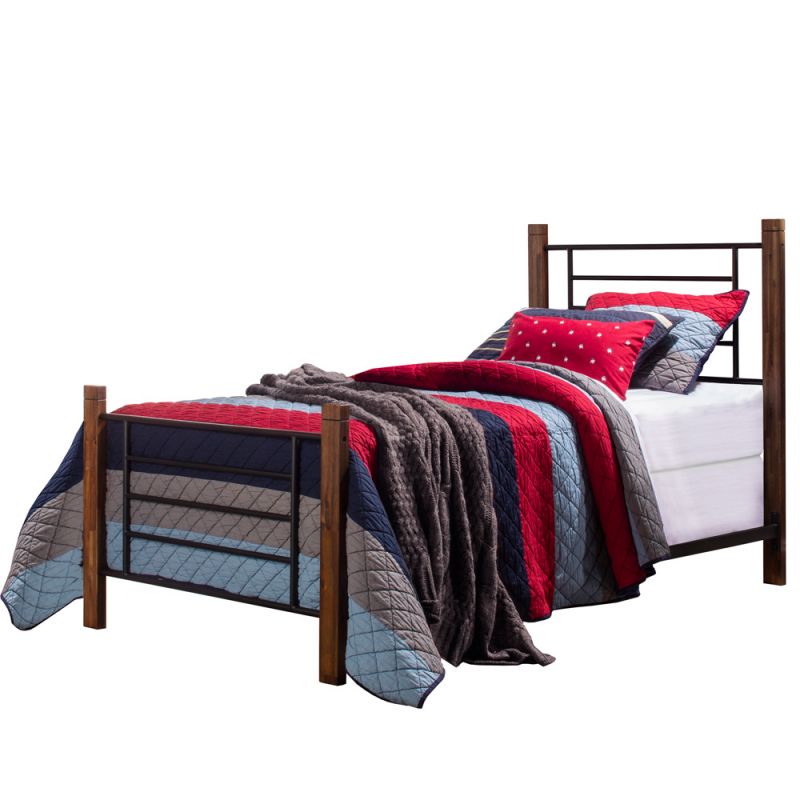 Hillsdale Furniture - Raymond Twin Metal Bed with Weathered Dark Brown Wood Posts, Textured Black - 2591-330