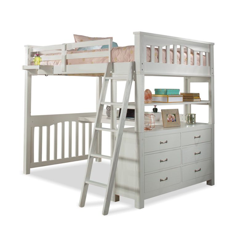 Hillsdale Kids and Teen - Highlands Wood Full Loft Bed with Desk and Hanging Nightstand, White - 12080NDHN
