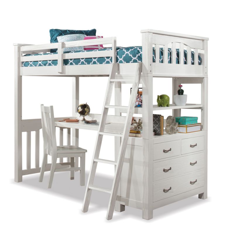 Hillsdale Kids and Teen - Highlands Wood Twin Loft Bed with Desk and Chair, White - 12070NDC