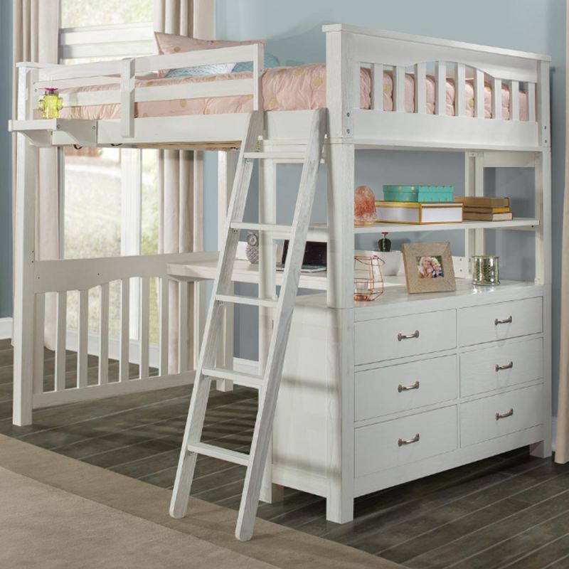 Hillsdale Kids and Teen - Highlands Wood Twin Loft Bed with Desk and Hanging Nightstand, White - 12070NDHN